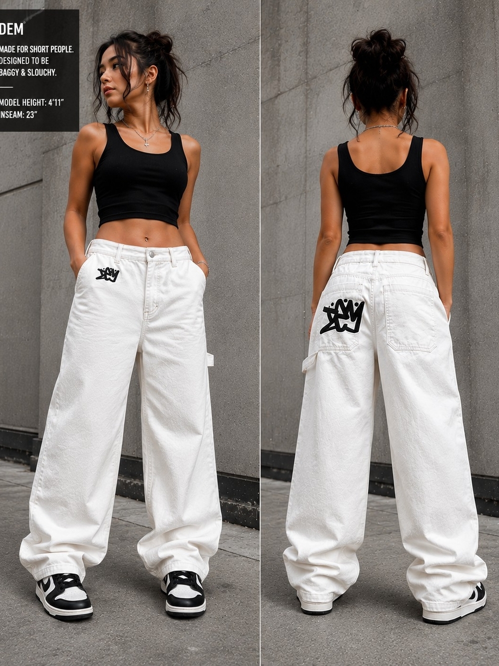 DEM Ivory Wide-Leg High-Rise Streatwear Jeans with Embroidery DEM Patch Sz Small